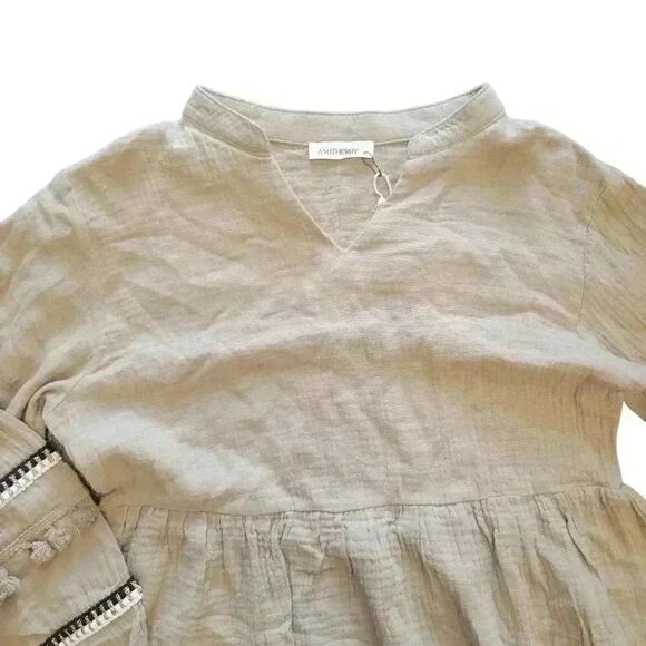 AndTheWhy Women's Light Brown Crinkled Cotton Long Sleeve V-Neck Top NEW - Picture 6 of 16